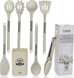 LUMAI Kit Utensílios de Cozinha Inox e Silicone 8 Peças com Suporte – Bege