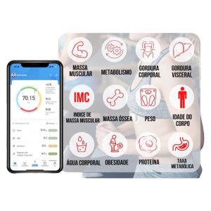 Balança Digital Bioimpedância Premium Bluetooth com App Saúde iOS Android para IMC Gordura Corporal Massa Muscular Massa Óssea Água Corporal Taxa Metabólica BMR Alta Precisão Vidro Temperado LED Luxo