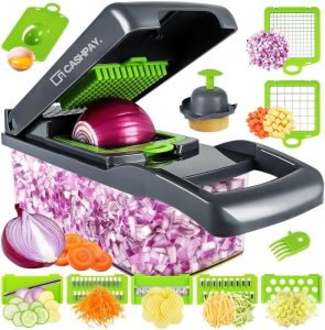 Cortador e Fatiador 16 em 1 Para Alimentos Frutas Legumes Cebola Alho Multifuncional com Lâminas de Aço Inox e Base Antiderrapante Premium