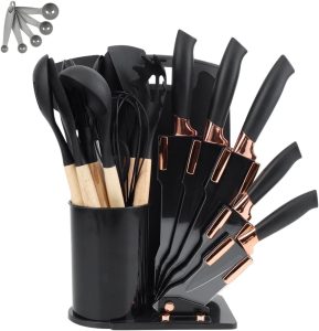 Kit 19 Utensílios De Cozinha Com Cabo De Madeira E Silicone (Preto)