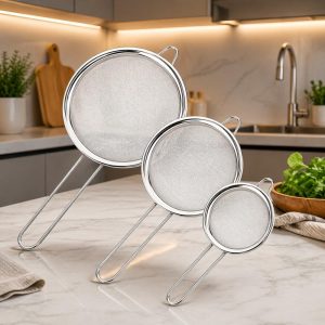 Kit Conjunto 3 Peneiras em Aço Inox PREMIUM, Coador, Resistente a Temperaturas e de Fácil Manuseio, Apoio para Panelas e Travessas, Ideal para Filtrar e Polvilhar.