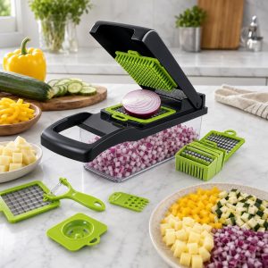 Cortador de Legumes Multifuncional 15 em 1 com Recipiente – Mandoline Profissional com Lâminas Intercambiáveis para Fatiar, Ralar e Cortar Cebola, Frutas, Verduras e Alimentos