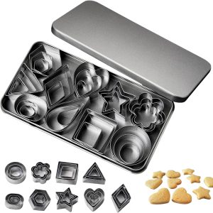 Kit 30 Peças Cortador de Biscoito Inox em Aço Inoxidável, Formas Geométricas para Biscoitos, Bolos e Doces,Círculo, Quadrado, Coração, Estrela,Ideal para Confeitaria e Uso Doméstico