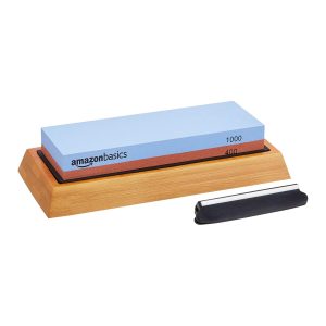 Amazon Basics Pedra úmida de amolar para afiar facas, gramatura dupla face, 400/1000, antiderrapante, 1 peça, base de bambu, preto e cinza