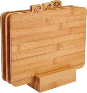 Kit Tábua de Corte em Bambu com Suporte Conjunto 4 Peças Organizador de Cozinha com Abas Indicativas de Alimentos para Carne Peixe e Legumes Evita Contaminação Cruzada | Kazoku