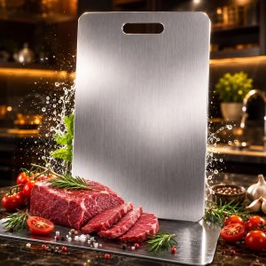 Tábua de Corte Grande Aço Inox Titânio 46CM Premium – Antibacteriana Não Absorve Odores, Fácil de Limpar e Higiênica Ideal para Carnes, Frutas, Legumes e Massas, Churrasco