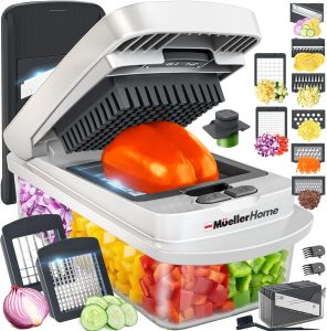 Mueller O verdadeiro cortador profissional original desde 2013 fatiador de legumes, fatiador mandolina, 8 lâminas, cortador de vegetais e cebola, com recipiente, utensílios de cozinha e itens