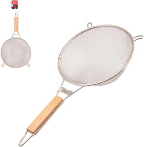 Peneira de Cozinha em Aço Inox 21cm Malha Fina com Cabo de Bambu Estrutura Reforçada Premium e Alças Duplas