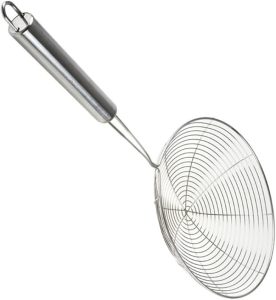 Peneira Escumadeira Grande Aço Inox 43x21cm Profissional com Cabo Reforçado – Ideal para Fritura, Pastel, Batata Frita, Salgados, Macarrão
