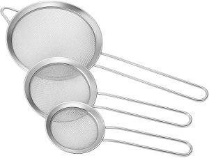 Kit de Peneiras Coador Escorredor em Aço Inox 3 Peças para Farinha Frutas Massas e Bebidas