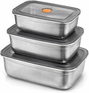 Kit 3 Potes Herméticos de Aço Inox com Tampa 500ml, 850ml e 1200ml, Recipiente para Alimentos com Vedação Marmita Inox para Geladeira e Freezer