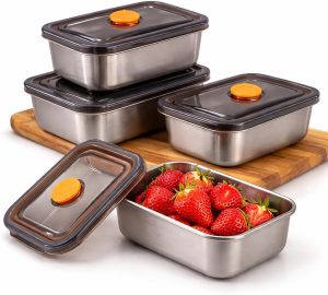 Kit 4 Potes Herméticos de Aço Inox 500ml com Tampa, Recipientes para Armazenar Alimentos, Marmita Inox, Potes para Geladeira e Cozinha, Vedação Segura