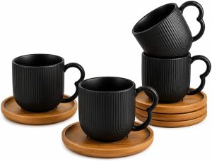 Jogo 4 Xicaras De Café Porcelana com Pires Bambu 90ml Oásis (Preto)