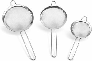 Kit 3 Peneiras de Inox para Cozinha em Aço Inoxidável Malha Fina Média e Grossa Coar Peneirar Farinha Lavar Alimentos Resistente e Durável