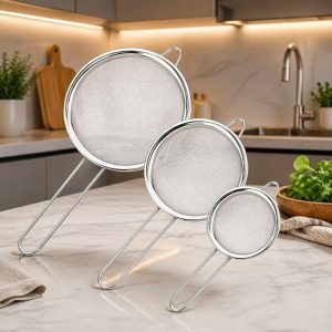 Kit Conjunto 3 Peneiras em Aço Inox PREMIUM, Coador | Resistente a Temperaturas, de Fácil Manuseio, Apoio para Panelas e Travessas, Ideal para Filtrar e Polvilhar