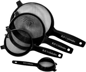 Kit Peneiras Cozinhas Coador, 4 tamanhos, Pequeno Médio Grande Extra Grande Trama Malha Resistente Reforçada – RJI Utilidades (Preto)