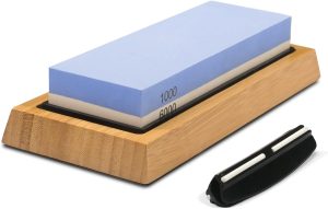 Kit de pedra de amolar – Afiador de facas de amolar de dupla face, grão 1000/6000, conjunto profissional de pedras de afiar com base de bambu antiderrapante e guia de ângulo