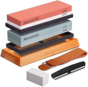 FINYQBET Kit de Pedra de Amolar para Afiar Facas – Conjunto Completo com Pedras 400/1000 e 3000/8000, Base de Bambu Antiderrapante – Ideal para Facas, Tesouras e Ferramentas de Corte