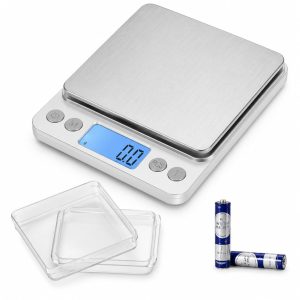 Balança Digital de Precisão 0,1g a 2kg com LCD Iluminado, Função Tara, 6 Modos de Pesagem, 2 Bandejas e Pilhas Inclusas, Mini Balança para Cozinha, Café, Joias, Temperos e Suplementos