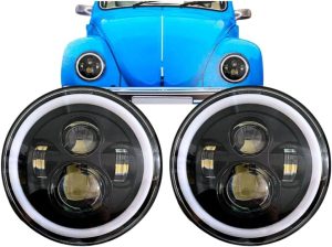 Kit 2 Farol Angel Eyes Defender LED 7 Polegadas Jeep Troller Fusca Kombi DRL Branco e Seta Âmbar