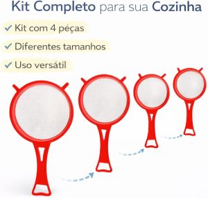 Kit 4 Peneiras Vermelhas Conjunto de Coadores em Diferentes Tamanhos para Cozinha