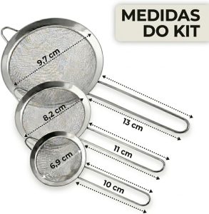 Kit 3 Peneiras Coador de Aço Inoxidável para Cozinha Malha Fina com Alça Resistente Luxo Para Coar Polvilhar Versátil, Durável, com Suporte para Panelas e Travessas, Suporta Temperaturas