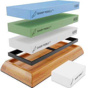 Sharp Pebble Kit de pedras de amolar de facas – Grits 400/1000/6000 pedra de amolar extragrande – Conjunto de amolador de facas de pedra úmida com base de bambu antiderrapante e pedra de achatamento