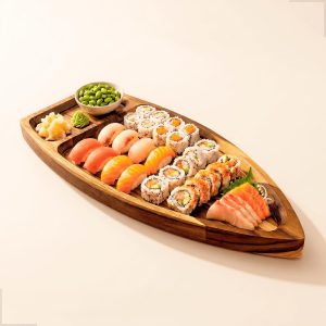 Barca Sushi Grande Madeira Teca Premium 40 cm – Ideal para Servir Sushi e Comida Japonesa – Design Rústico e Elegante