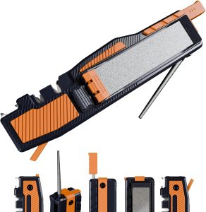 Afiador de facas de bolso Orange Ninja com pedras de amolar de diamante guiadas – Afiador de ferramentas 8 em 1 para facas EDC, ao ar livre, caça e acampamento – Inclui haste de diamante, strop de