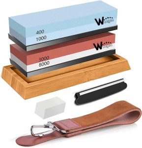 Wucgea Kit de pedras de amolar japonesas de grão 400/1000 3000/8000 com base de borracha antiderrapante, guia de ângulo, pedra achatada e couro