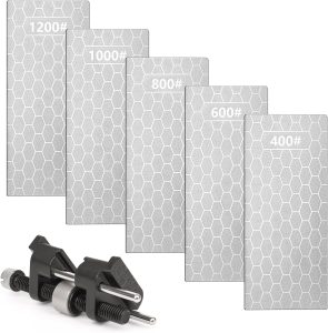Kit de afiação de cinzel, guia de afiação e 5 pedras de amolar de diamante, gabarito de afiador de cinzel ajustável para ferramentas de marcenaria, ferros de avião, facas e lâminas, construção