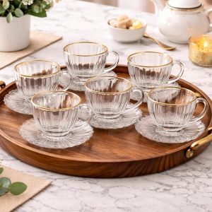 Jogo de Xícaras com Pires Cristal 6 Unidades Fio de Ouro – Design Elegante Moderno com Borda Dourada, Ideal para Café, Chá e Mesa Posta Sofisticada, Acabamento Premium